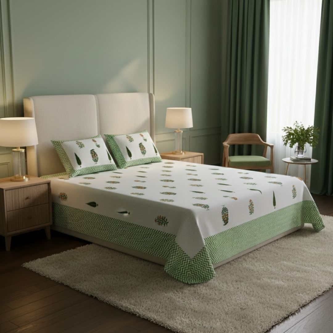 Folklore Fables Green Block Print Pure Cotton Double Bedsheet